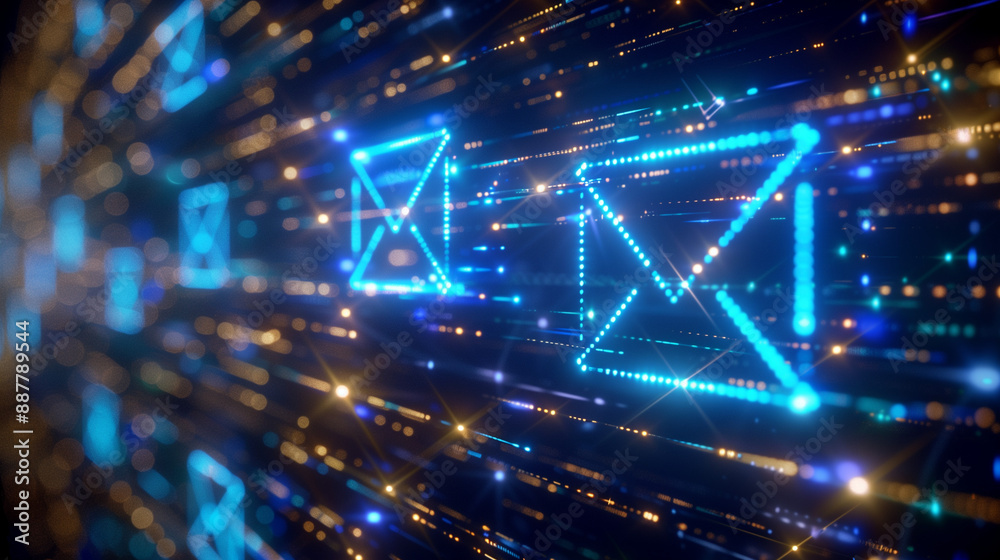 Aufkleber Online Communication and Technology: Glowing Explore and Email Icons Floating in the Air on a Dark Background with Bokeh Lights Representing Futuristic Data Transfer and Global Connectivity.