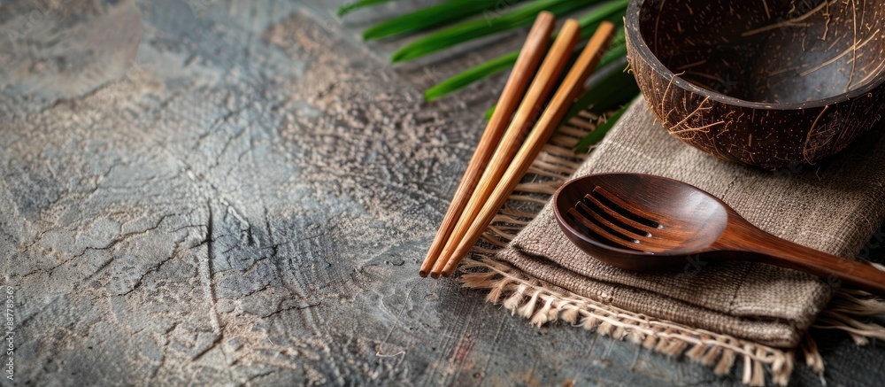 Fototapete a set of coconut tree utensils including a wooden spoon fork chopsticks and bowl with a rustic feel 