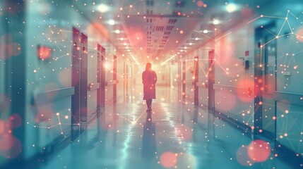 Naklejka premium Machine learning in healthcare, neural network patterns overlaid on a hospital scene, digital and organic blend, soft pastel colors, modern medical research poster