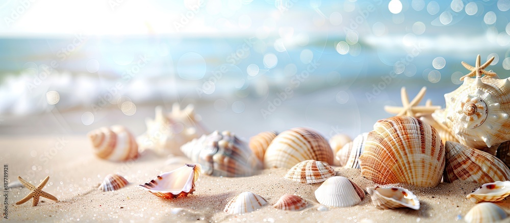 Aufkleber Summer beach background displaying a collection of sea shells on sandy shore with blurred area for copy space image