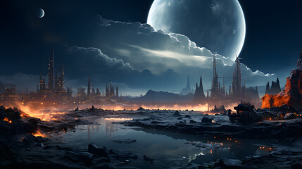 A futuristic city ablaze with bright orange light stands on a distant planet. The cityscape reflects in the water below. 