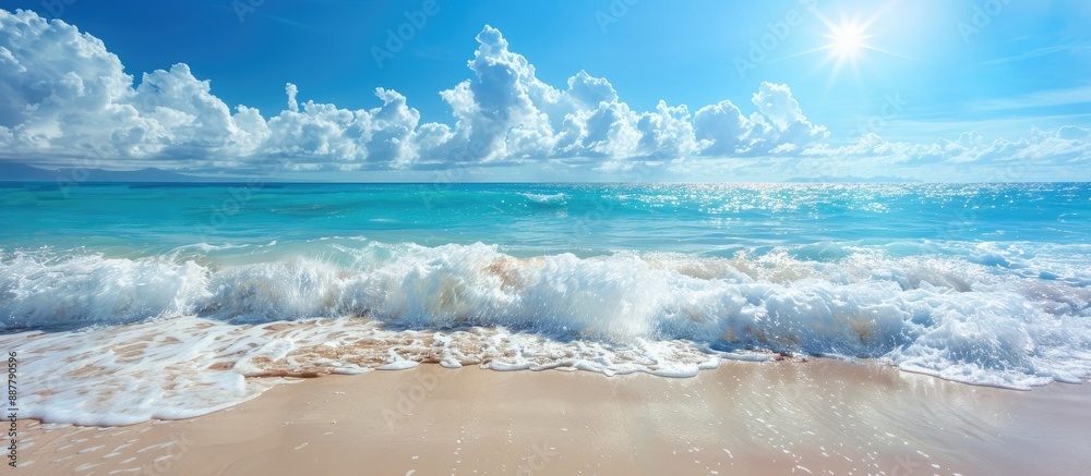 Aufkleber Beach scene with waves hitting the shore in a picture with blank space for text. with copy space image. Place for adding text or design