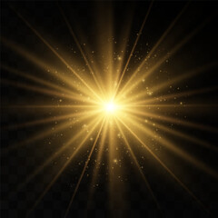 Naklejka premium The image depicts a golden light , including sun rays and a dawn effect. The image also includes a gold flare