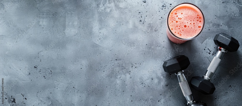 Leinwandbilder a protein shake placed beside dumbbells on a gray background with a blank area for an image. with co