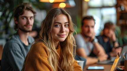 A group of young professionals collaborating in a modern office space with natural light and a relaxed, creative atmosphere.