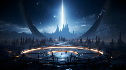 A futuristic city illuminated by a bright light emanating from a central spire, with silhouetted figures gathered around a circular platform.
