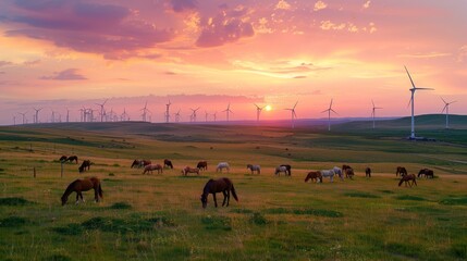 A herd of horses graze in a field with a beautiful sunset in the background