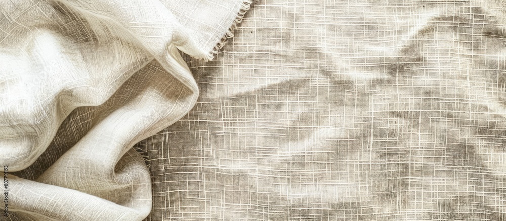 Aufkleber Fabric mockup with cream abstract cotton towel on a wale linen canvas background designed with a pattern for text decoration in a copy space image
