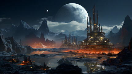 A mining colony on an alien planet lit by a giant moon with a smaller moon in the distance.