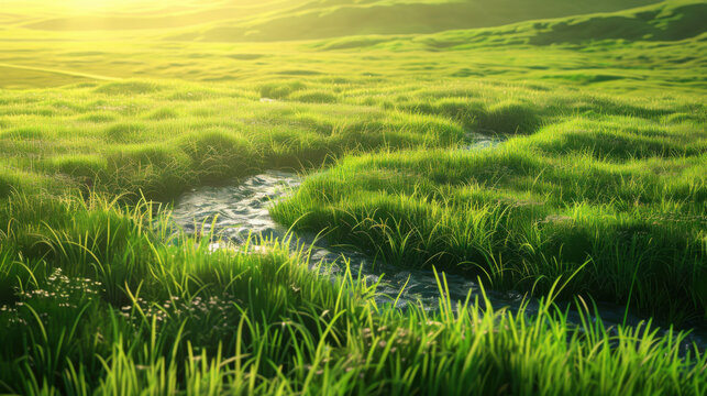 Landscape with a stream flowing through green grasslands