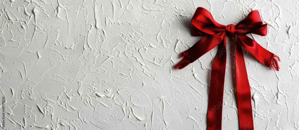 Aufkleber A red ribbon with a bow gleams on a white textured paper backdrop incorporating space for text alongside the image. with copy space image. Place for adding text or design