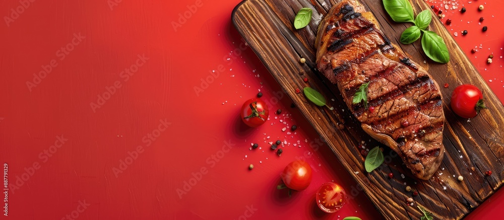 Aufkleber a delicious grilled steak is displayed on a wooden board against a red background with seasonings in
