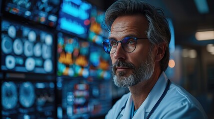 Doctor analyzing medical data on multiple screens in a high-tech healthcare facility, showcasing advanced technology in medical research.