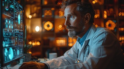 Doctor analyzing medical data on a computer screen, focused on advanced technology in a modern laboratory setting.