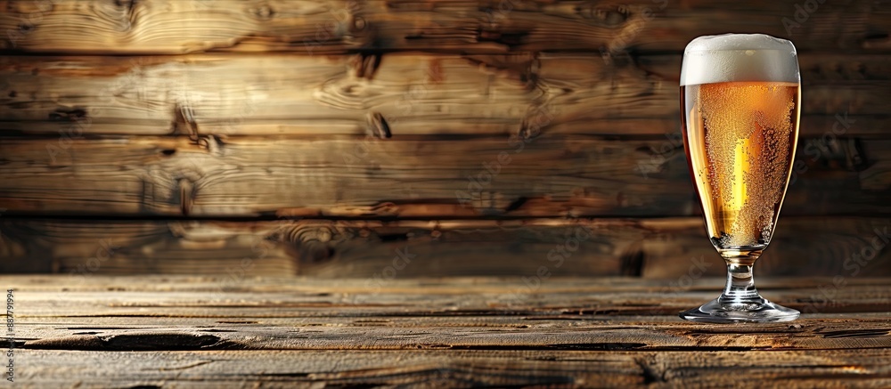 Poster A clear beer glass on a wooden surface with space for text and a copy space image