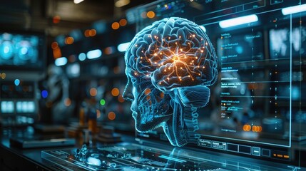Obraz premium Futuristic digital brain hologram interface in a high-tech lab, illustrating artificial intelligence and neuroscience advancements.