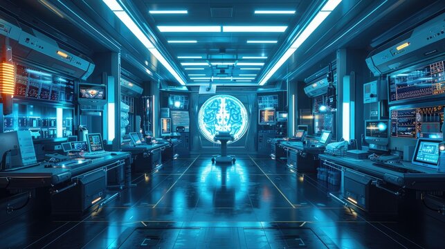 Futuristic control room with advanced technology and glowing blue lights, showcasing a high-tech and sci-fi environment.