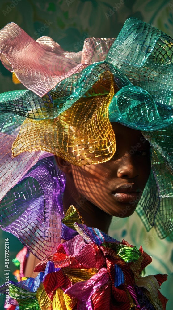 Poster a woman wearing a colorful hat with ribbons on it