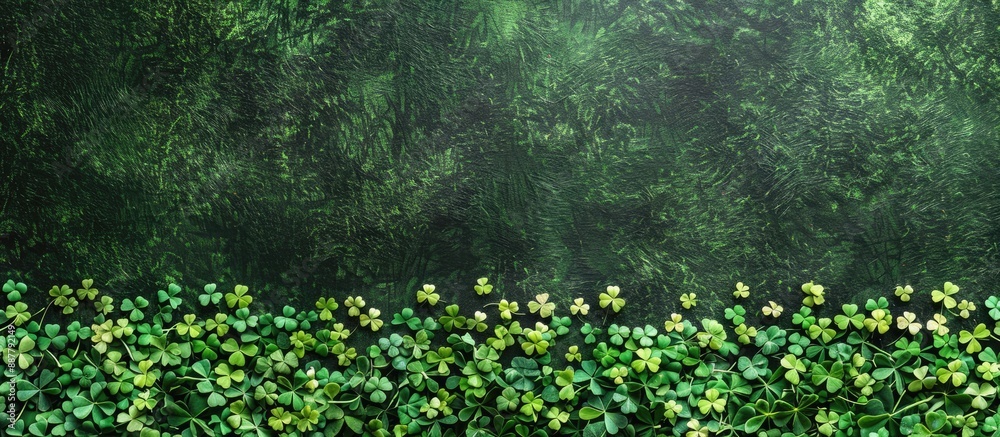 Poster st patrick s day celebration with clover leaves on green grass in a flat lay composition featuring c