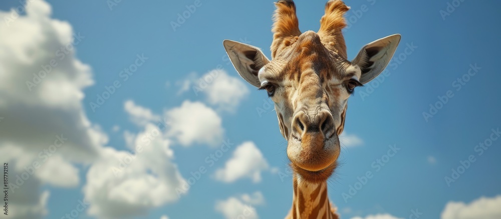 Poster giraffe in close up with blue sky background ideal as copy space image
