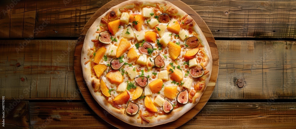 Poster traditional brazilian pizza featuring a sweet combination of peaches fig and pineapple on a wooden b