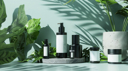 A chic display of skincare products accompanied by green plant leaves, illustrating a tranquil beauty routine.