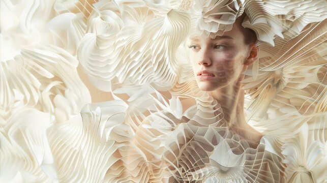 A woman in a white dress is surrounded by paper flowers