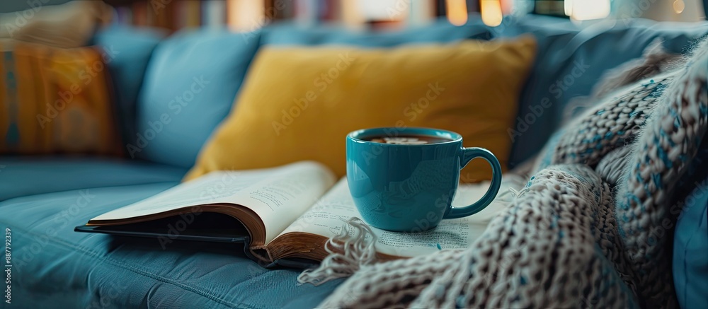 Poster a blue coffee cup on the sofa beside an open book in a room with copy space image