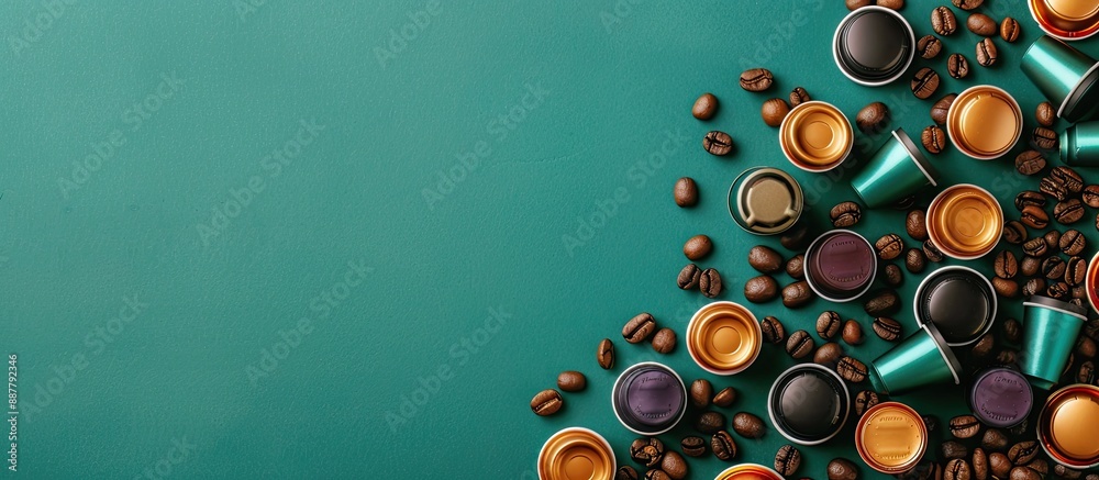 Leinwandbilder flat lay arrangement of numerous coffee capsules and beans on a green backdrop with copy space image