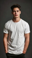 Fototapeta premium A young man in a white t - shirt poses for a picture