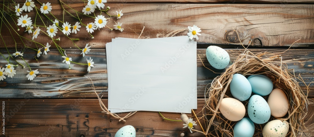 Aufkleber wooden background with easter decoration and blank note paper suitable for a copy space image