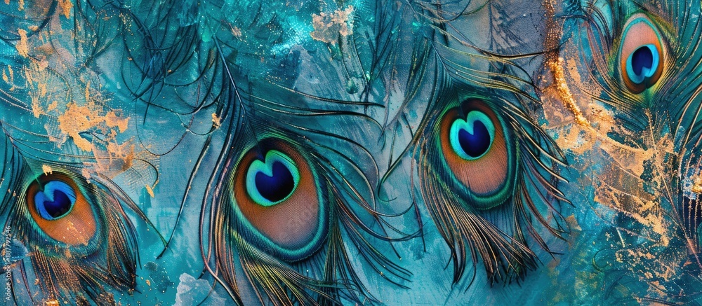 Poster Capturing a close up of exquisite peacock feathers in vibrant blue green and gold hues against a matching background Horizontal layout featuring a decorative colorful copy space image