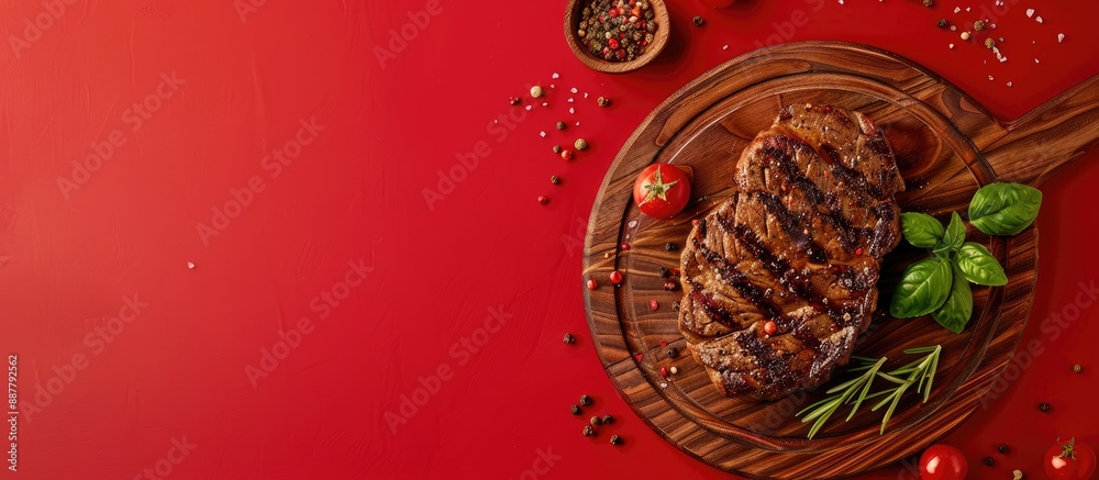 Aufkleber a delicious grilled steak is displayed on a wooden board against a red background with seasonings in