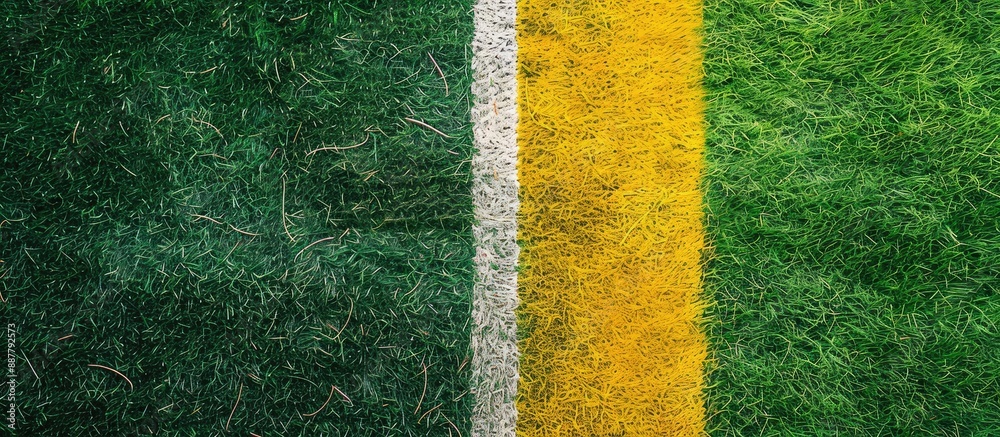 Aufkleber Top view of an artificial grass soccer field with white and yellow boundary lines perfect for a copy space image