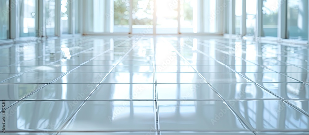 Aufkleber White tiles neatly arranged on the floor in a house with selective focus creating a clean and bright atmosphere for a copy space image