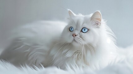 a white cat with blue eyes laying down