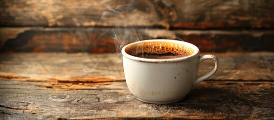 A steaming cup of black coffee set against a rustic vintage backdrop with ample copy space image