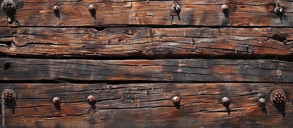 Aufkleber close up image of a brown wooden plank with rusty nails displayed in detail within a copy space imag