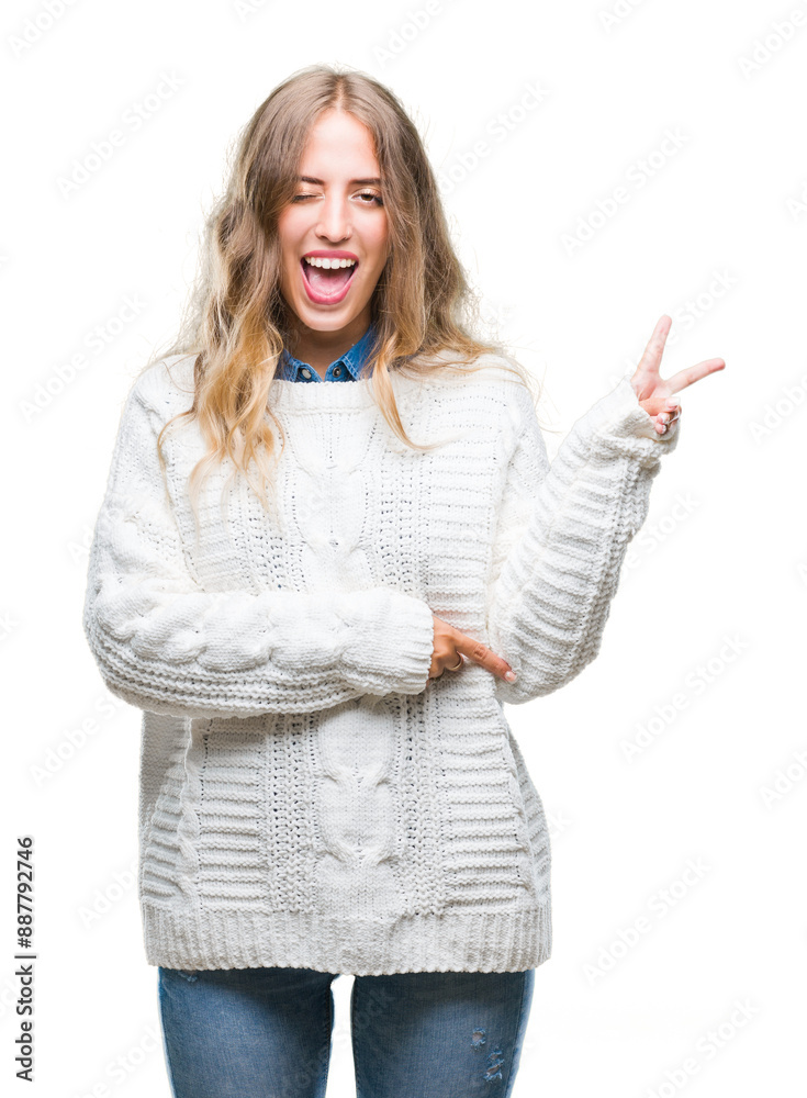 Sticker beautiful young blonde woman wearing winter sweater over isolated background smiling with happy face