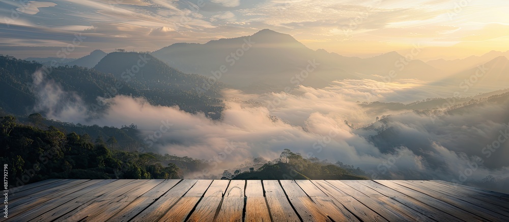 Aufkleber morning sunrise on a mountain creates a serene backdrop for a shelf floor with soft mist perfect for