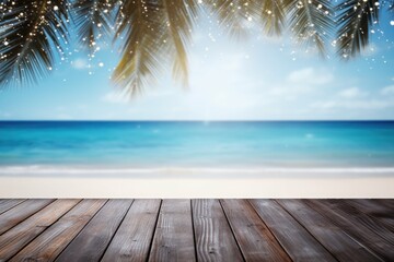 Empty wooden plank or deck, table top with beautiful beach and blue sea on background. Summer vacation and travel concept. Food stand, mock up or template for product display, promotion, presentation