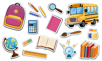  Back to school. Vector set of stickers with school supplies. Cute school icons backpack, bus, globe, books, pencils, ruler, magnifying glass, bell, calculator, brush. Isolated