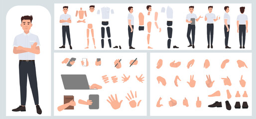 Business man avatar creation suitable for animation. Generator, constructor of diverse views of face, body, hands and leg parts. Male character construction for comfortable fast motion design.