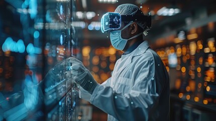 Scientist using virtual reality headset in a high-tech laboratory environment, performing advanced research and analysis with innovative technology.