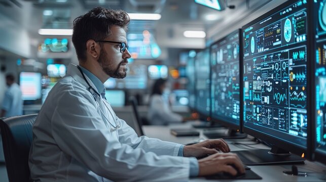 Scientist analyzing complex data on multiple monitors in a high-tech research lab with advanced technology and innovative solutions.