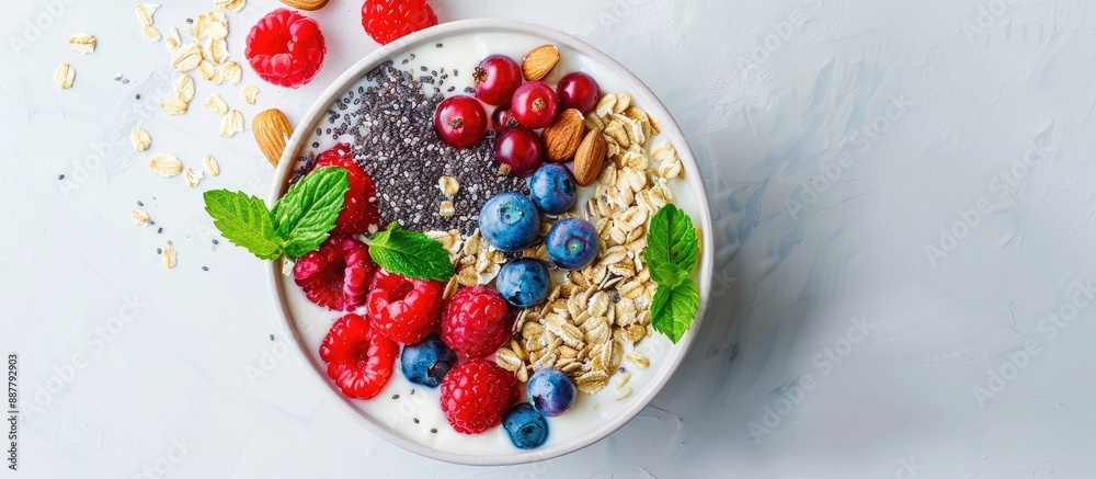 Poster a nutrient packed yogurt bowl filled with oats berries spirulina chia seeds mint and almonds makes a