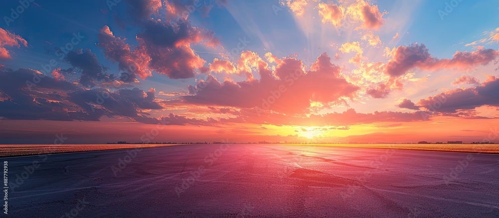 Aufkleber Sun rising on the skyline over an empty asphalt road with a colorful sunset painting the backdrop in a minimalist style design creating a nature background landscape with ample copy space for an image