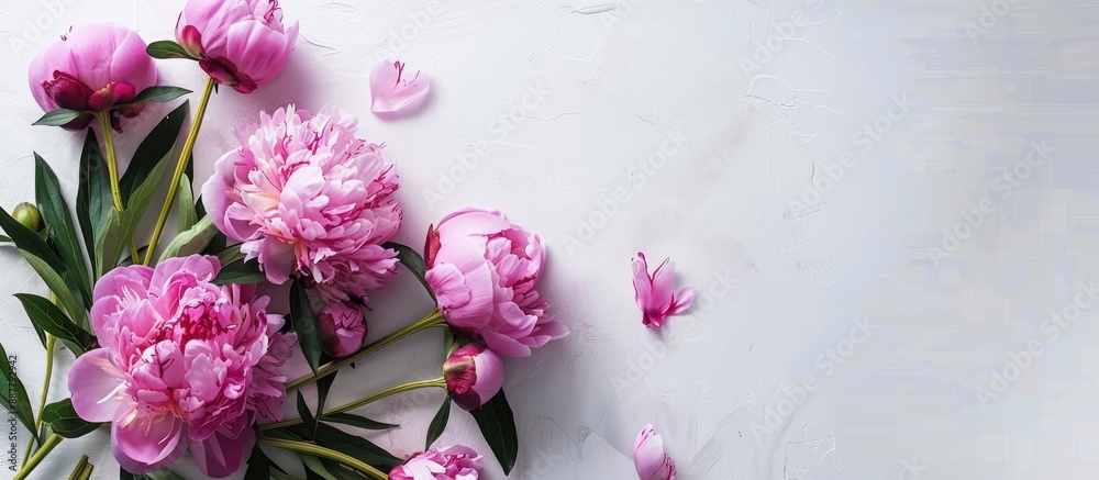 Aufkleber a stunning arrangement of vibrant pink peonies displayed on a clean white backdrop in a flat lay sty