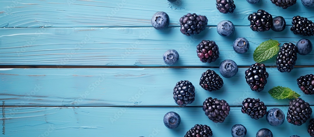 Poster blueberries and blackberries arranged on a blue wooden surface for a flat lay composition with copy 