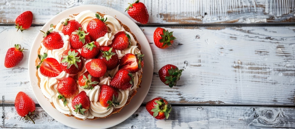 Poster a summer dessert featuring a strawberry vanilla sponge cake or pie displayed on a white wooden surfa